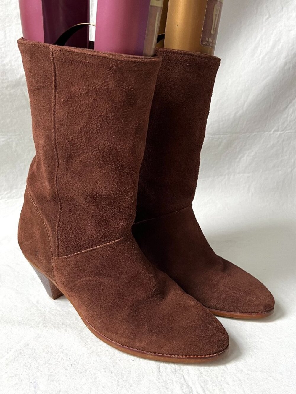 Vintage Frye boots brown suede womens 8 mid calf pull on cone heel almond toe